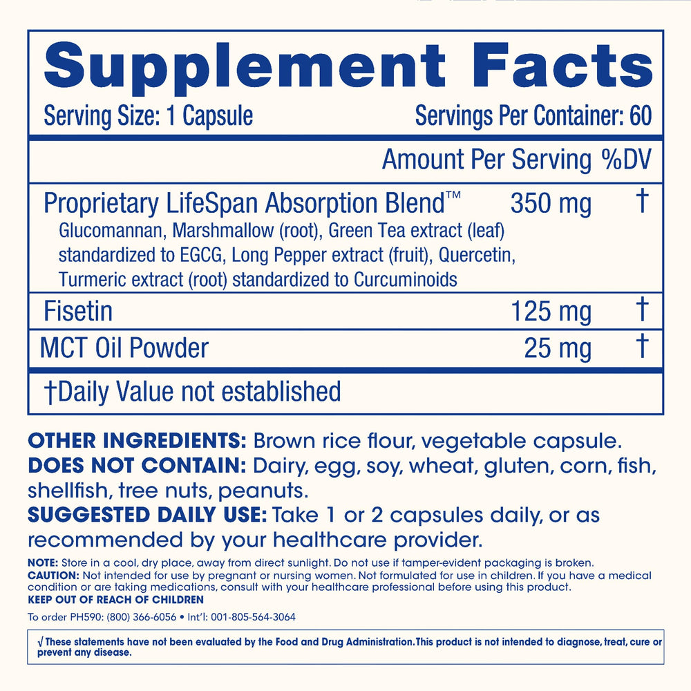 ProHealth Fisetin Pro Longevity Plus label highlighting green tea and turmeric icons