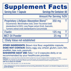ProHealth Fisetin Pro Longevity Plus label highlighting green tea and turmeric icons