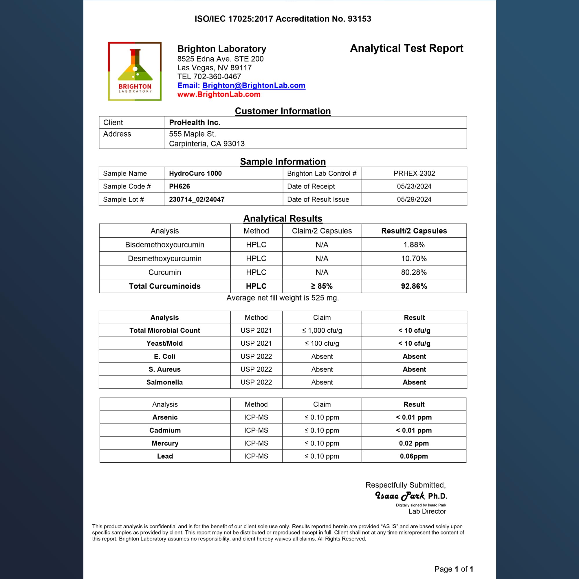 ProHealth HydroCurc lab results showing third-party testing for purity.