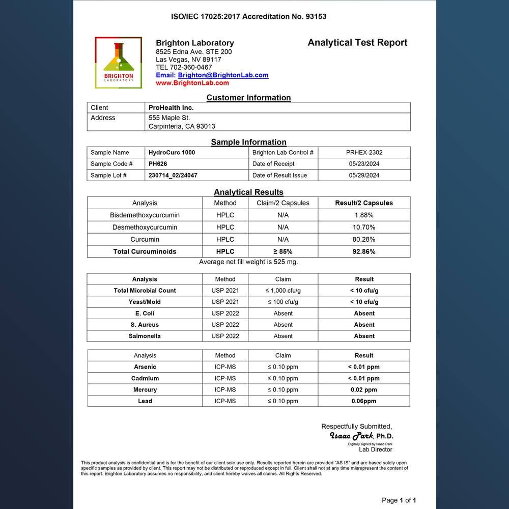 ProHealth HydroCurc lab results showing third-party testing for purity.