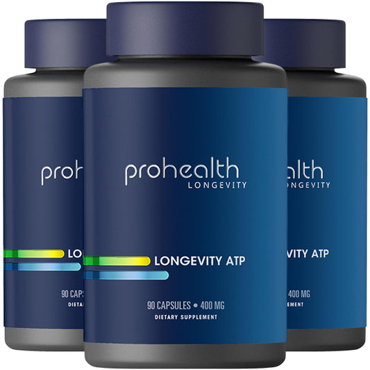 ProHealth Longevity ATP bottle label highlights PeakATP purity for cellular energy.