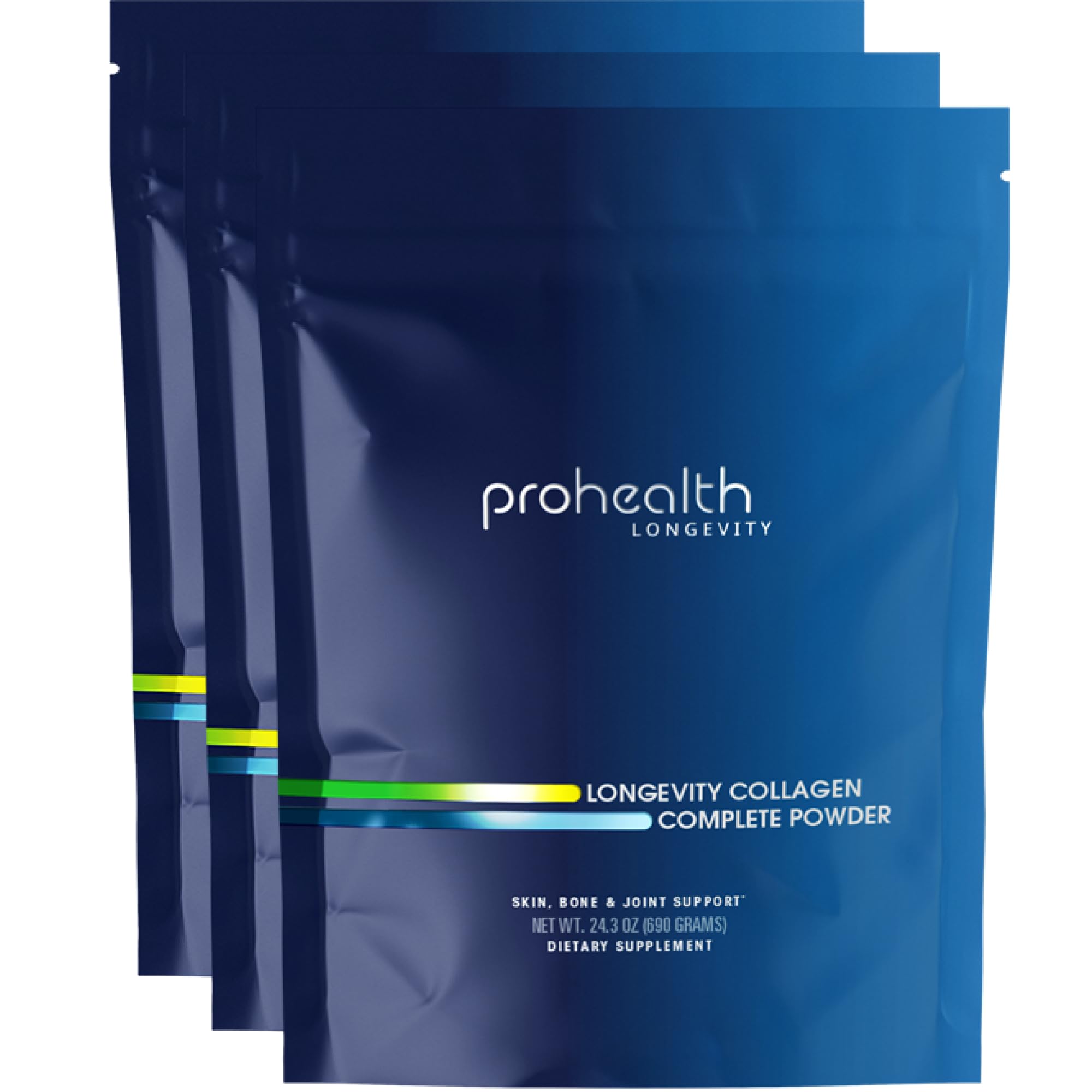 ProHealth Longevity Collagen Complete powder bottle showing multi-collagen blend for joints and skin.