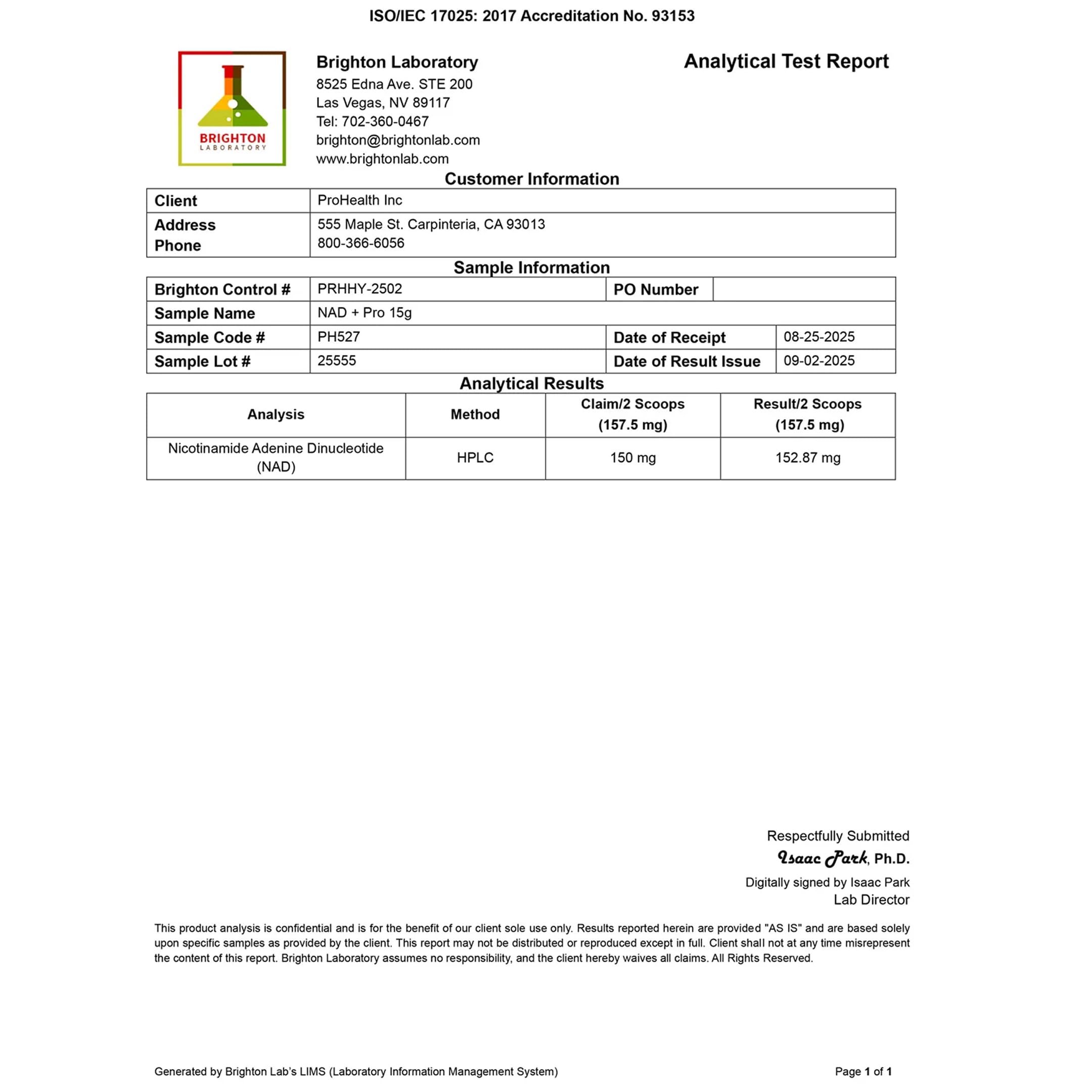 ProHealth NAD+ Pro quality certificates highlight independent testing and full online results.