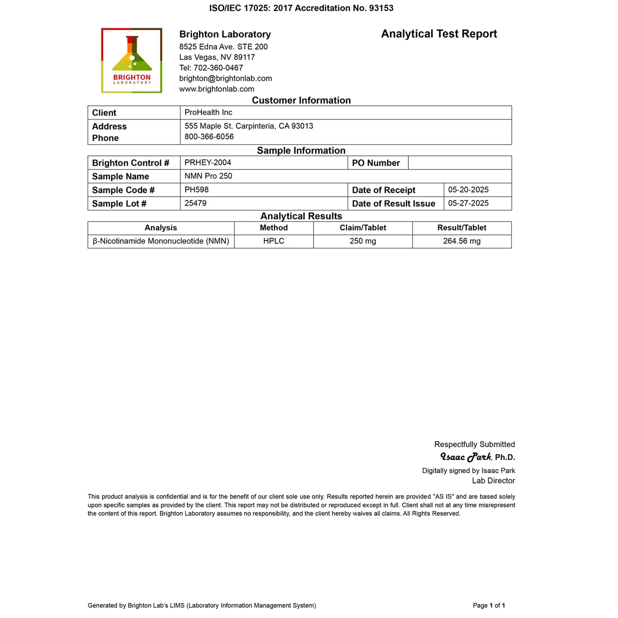 Label on ProHealth NMN Pro 250 shows 60 tablets, 250 mg each.