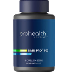 ProHealth NMN Pro 500 capsules bottle displaying daily dosage for energy support.