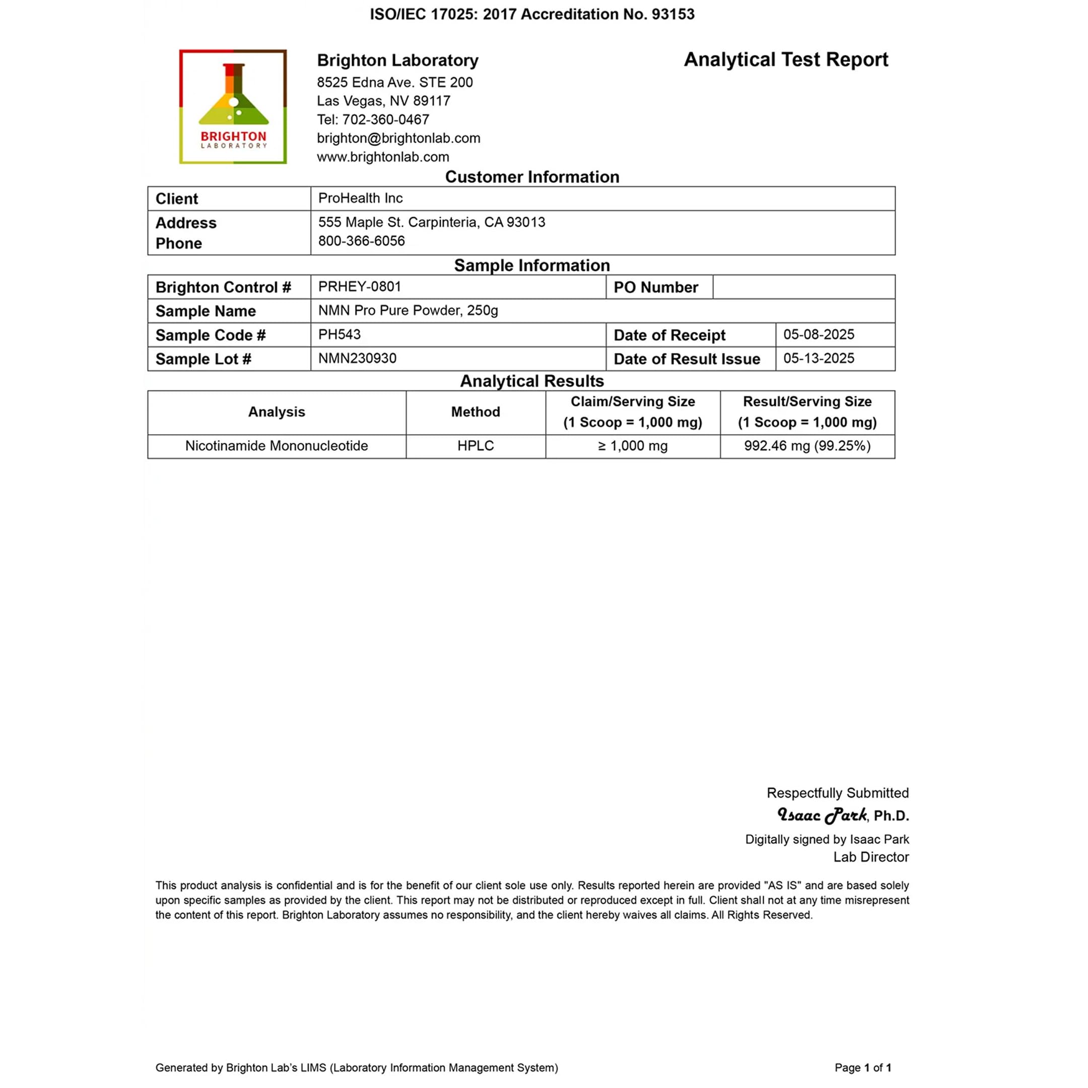 ProHealth NMN Pro Powder third-party lab results page visible