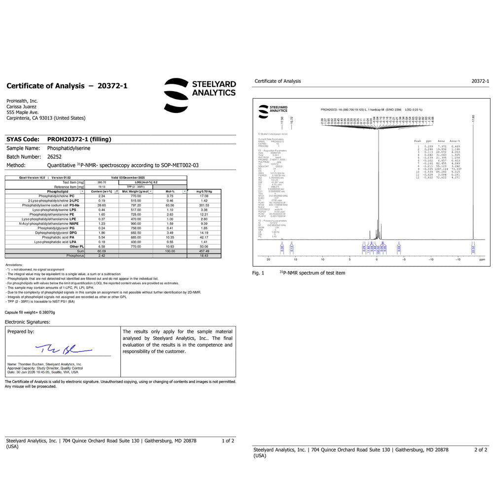 ProHealth Phosphatidylserine label conveys quality and GMP testing