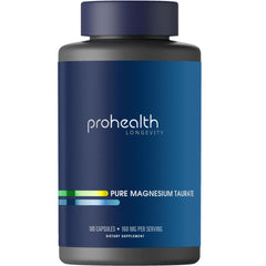 ProHealth Pure Magnesium Taurate bottle being poured; supports heart health and cognitive function.