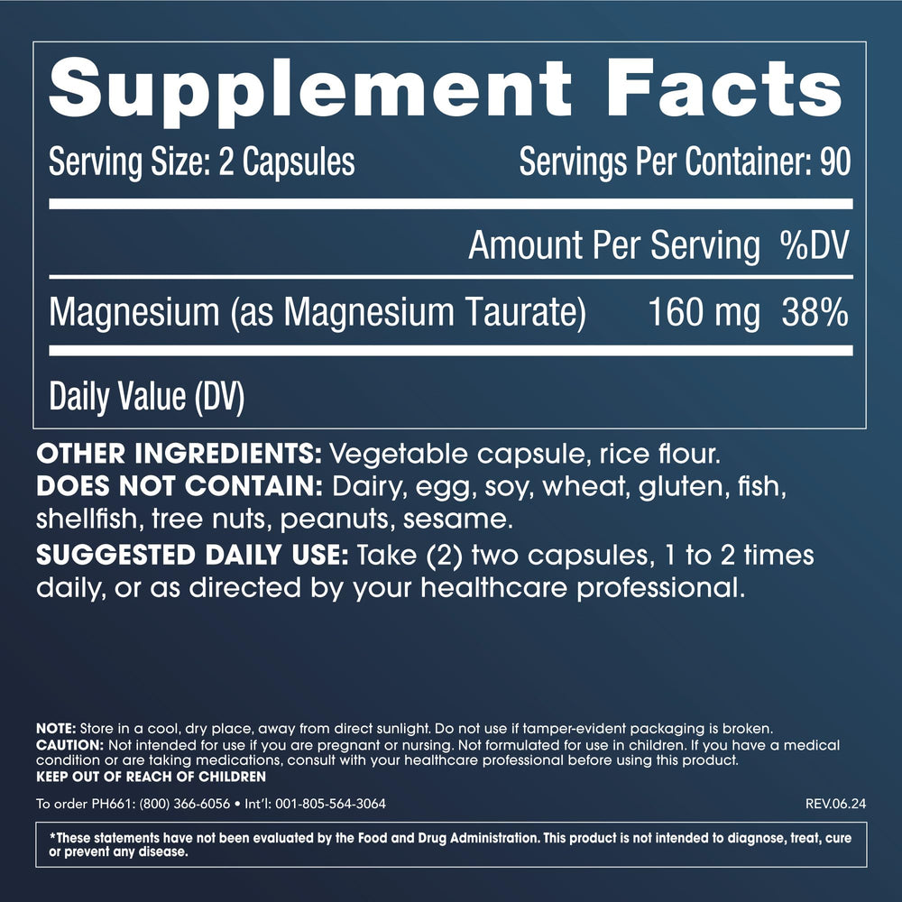 Close-up of ProHealth Pure Magnesium Taurate capsules for daily wellness and aging support.
