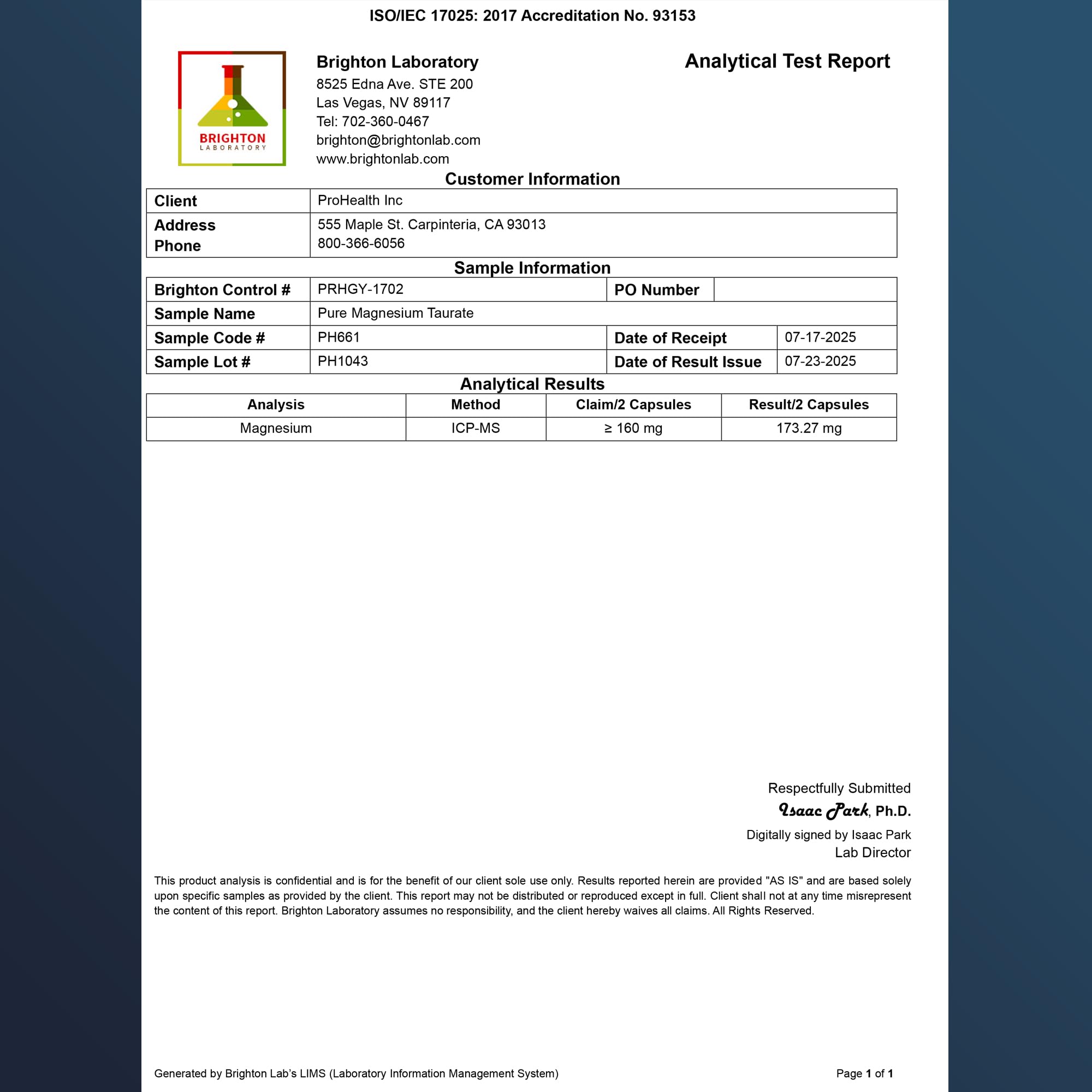 ProHealth Pure Magnesium Taurate label; third-party tested quality and USA-made assurance.