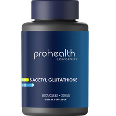 ProHealth S-Acetyl Glutathione Emothion bottle label emphasizes purity and batch transparency.