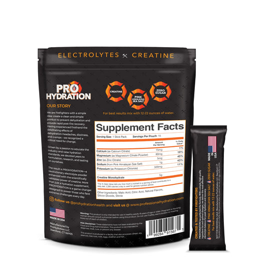 ProHydration blue raspberry stick-pack back view with nutritional highlights.