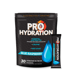 ProHydration blue raspberry stick-pack front view for on-the-go hydration.