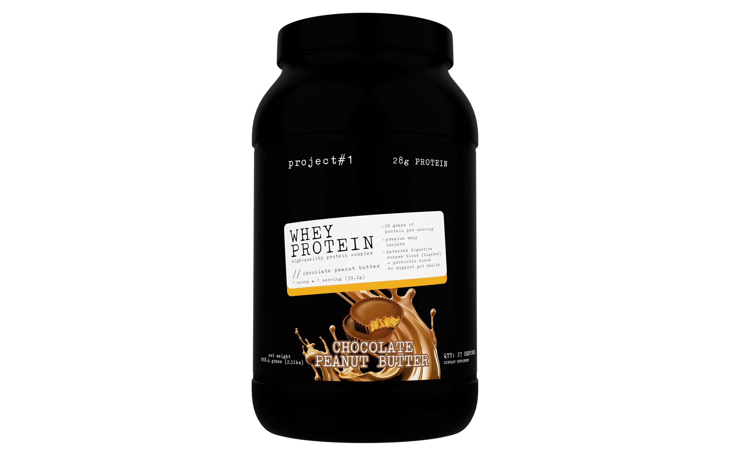 Project 1 Whey Protein Plus tub front view for premium post-workout fuel.