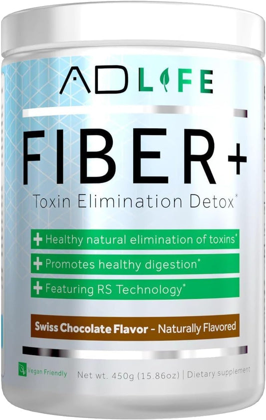 Project AD Fiber+ powder in chocolate supports gut health, digestive regularity, and vegan-friendly use.