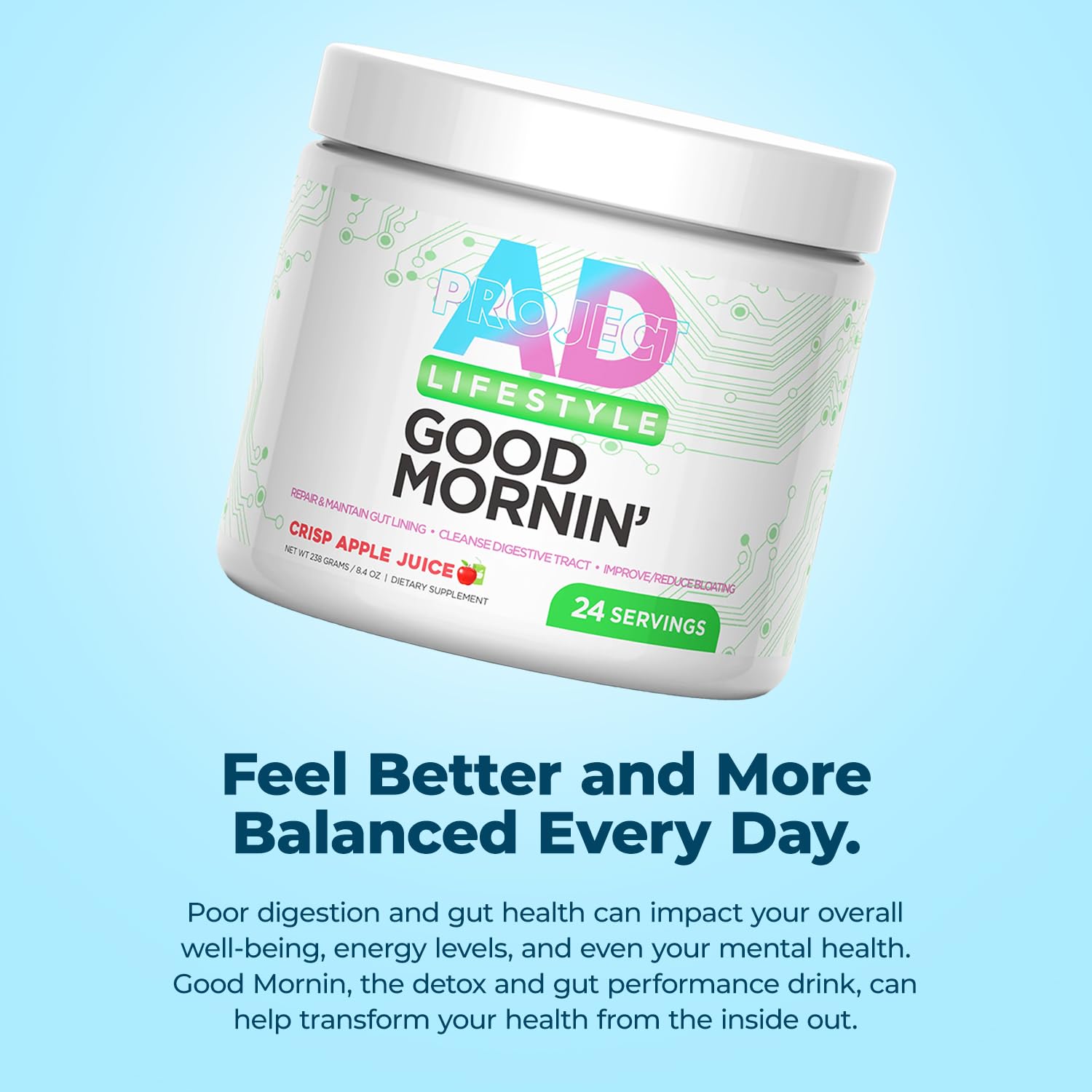 PROJECT AD Life Good Morning Detox morning routine with glass for a refreshing start.