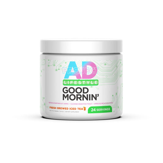 Project AD Life Good Morning powder tub showcasing gut-supporting detox and daily energy potential.