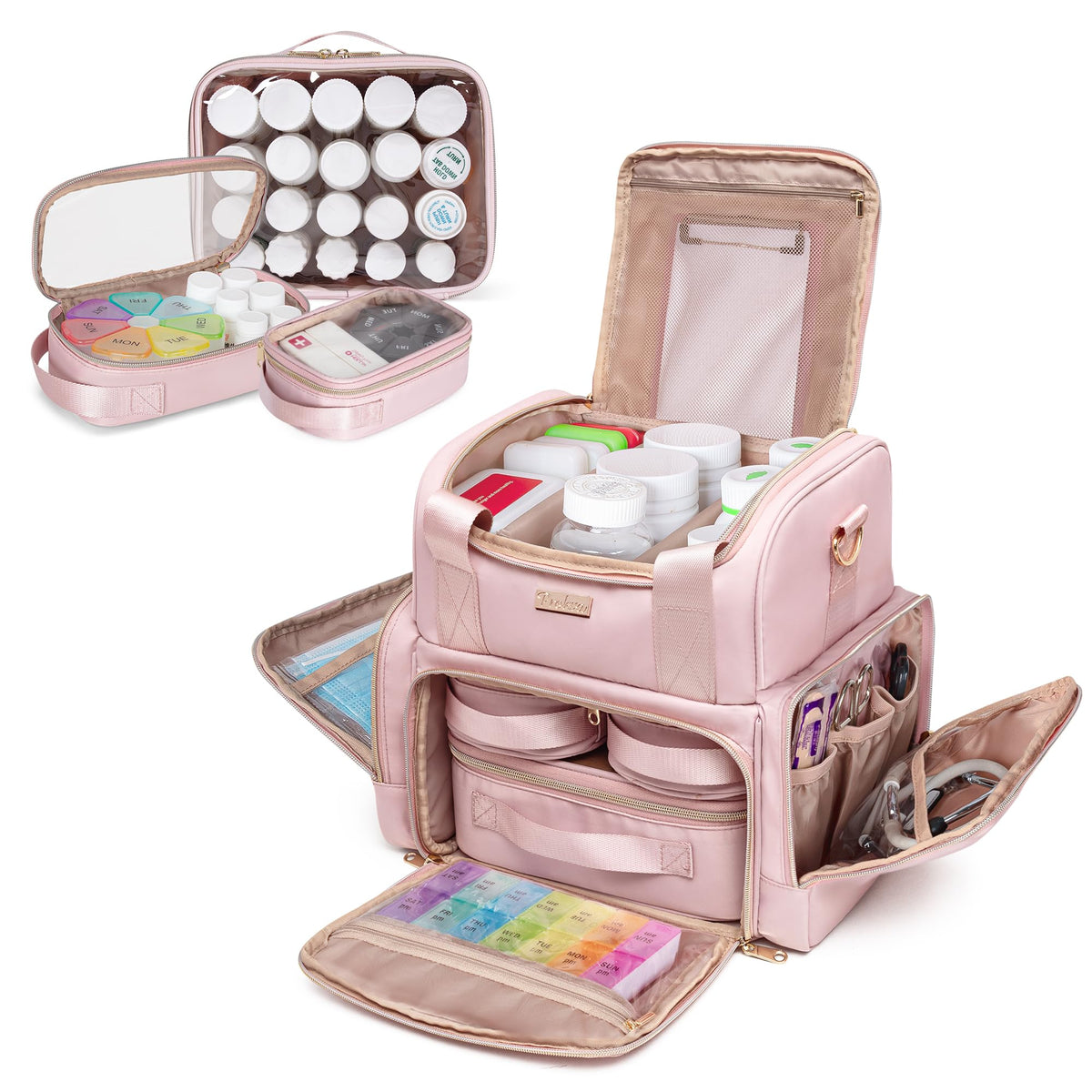 Prokva large medicine organizer bag top section with adjustable dividers for customized storage.