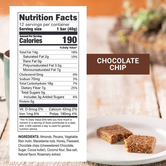 Prolon chocolate chip bar packaging emphasizes keto-friendly gluten-free ingredients.