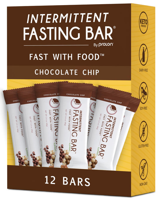 Prolon chocolate chip fasting bar close-up highlighting 5g protein for lasting fullness.