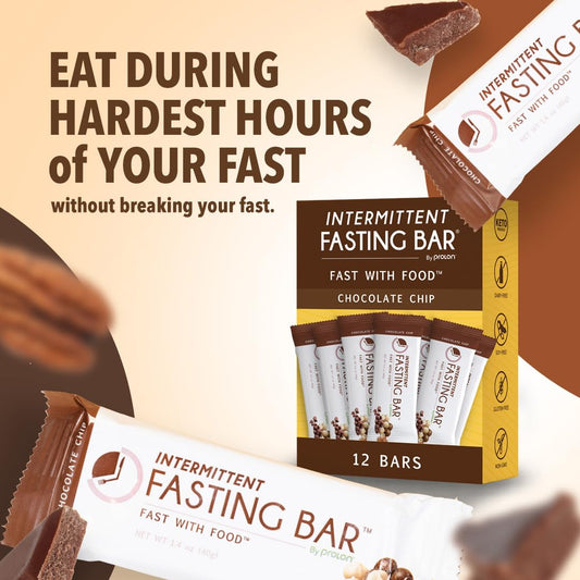 Close-up of Prolon Chocolate Chip bar, rich texture supporting satiety during fasting.