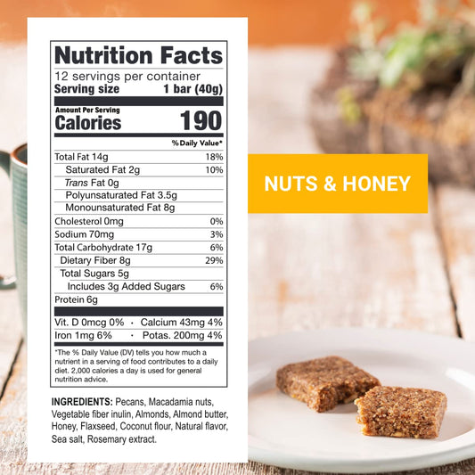 Close-up of pecans, macadamias, and flaxseed highlights natural ingredients in Prolon Fasting Bars.