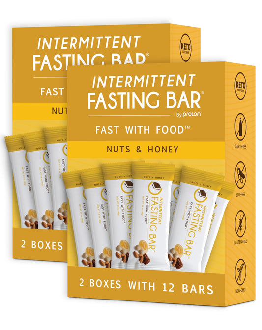 Prolon Fasting Bars packaging on shelf highlights keto-friendly, plant-based nutrition.