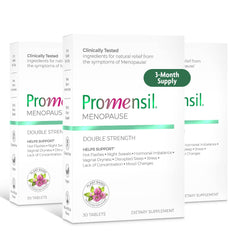 Promensil menopause double-strength bottle shown for daily symptom support