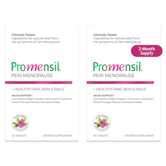 Promensil perimenopause bottle front shows trusted daily support for early menopausal symptoms.