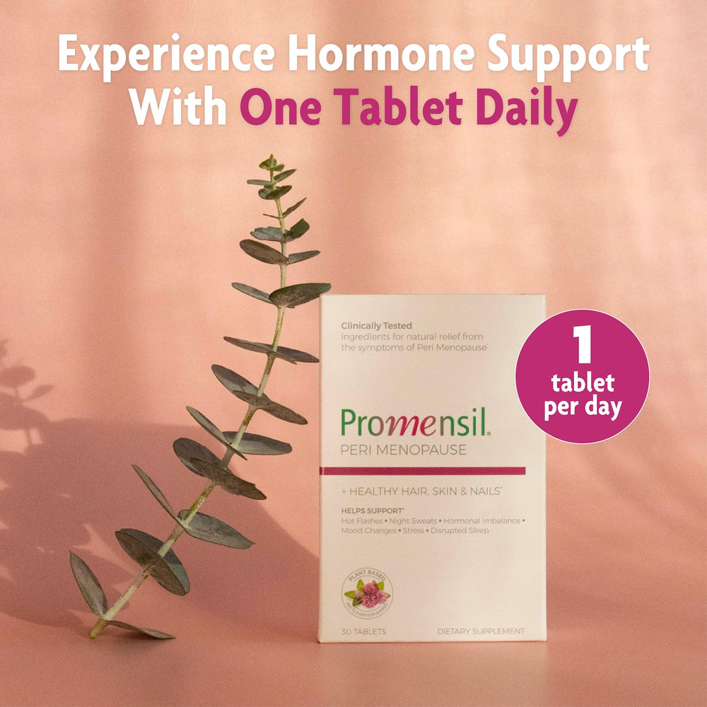 Promensil perimenopause bottle label highlights red clover isoflavones and vitamins for daily use.