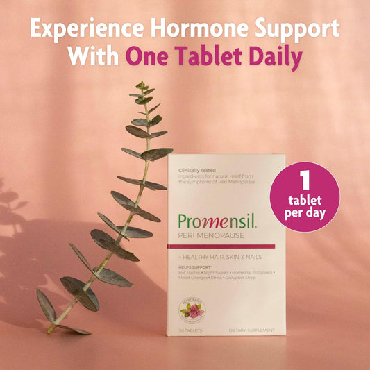 Promensil perimenopause bottle label highlights red clover isoflavones and vitamins for daily use.