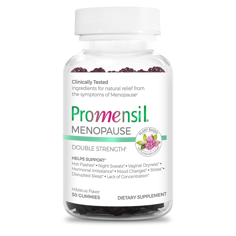 Promensil red clover gummies bottle promotes convenient daily menopause support