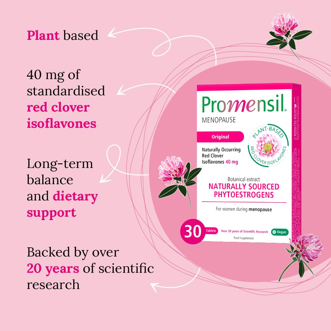 Promensil Red Clover label closeup with clear dosage information for informed use.