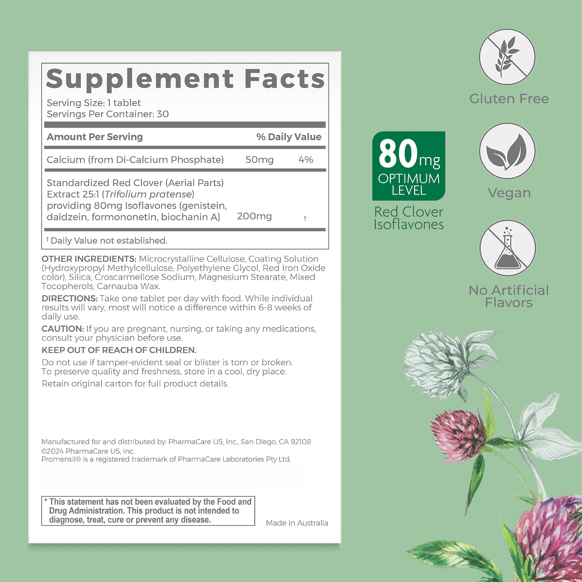 Promensil tablet closeup highlighting daily isoflavone dosage.