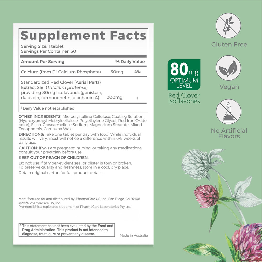 Promensil tablet closeup highlighting daily isoflavone dosage.