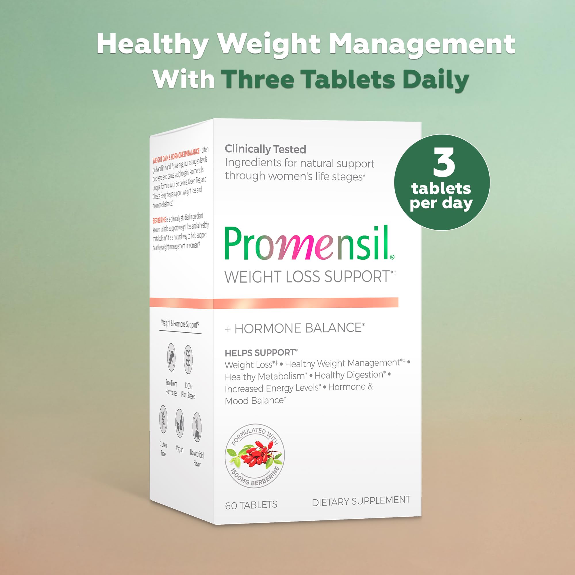 Promensil Weight Loss tablets closeup showing berberine potency per serving