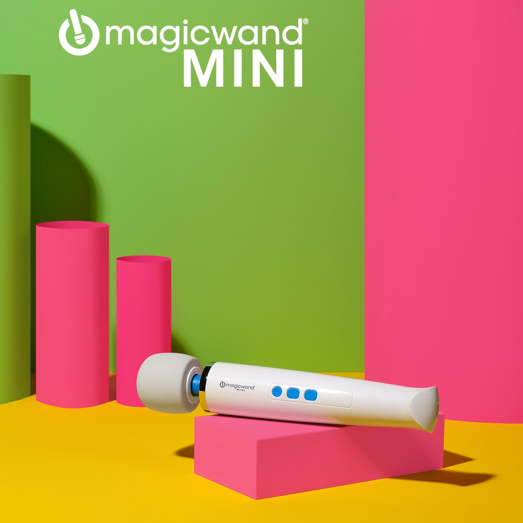 Promescent warming gel and Magic Wand Mini bundle on a bedside table for customizable warmth and vibration.