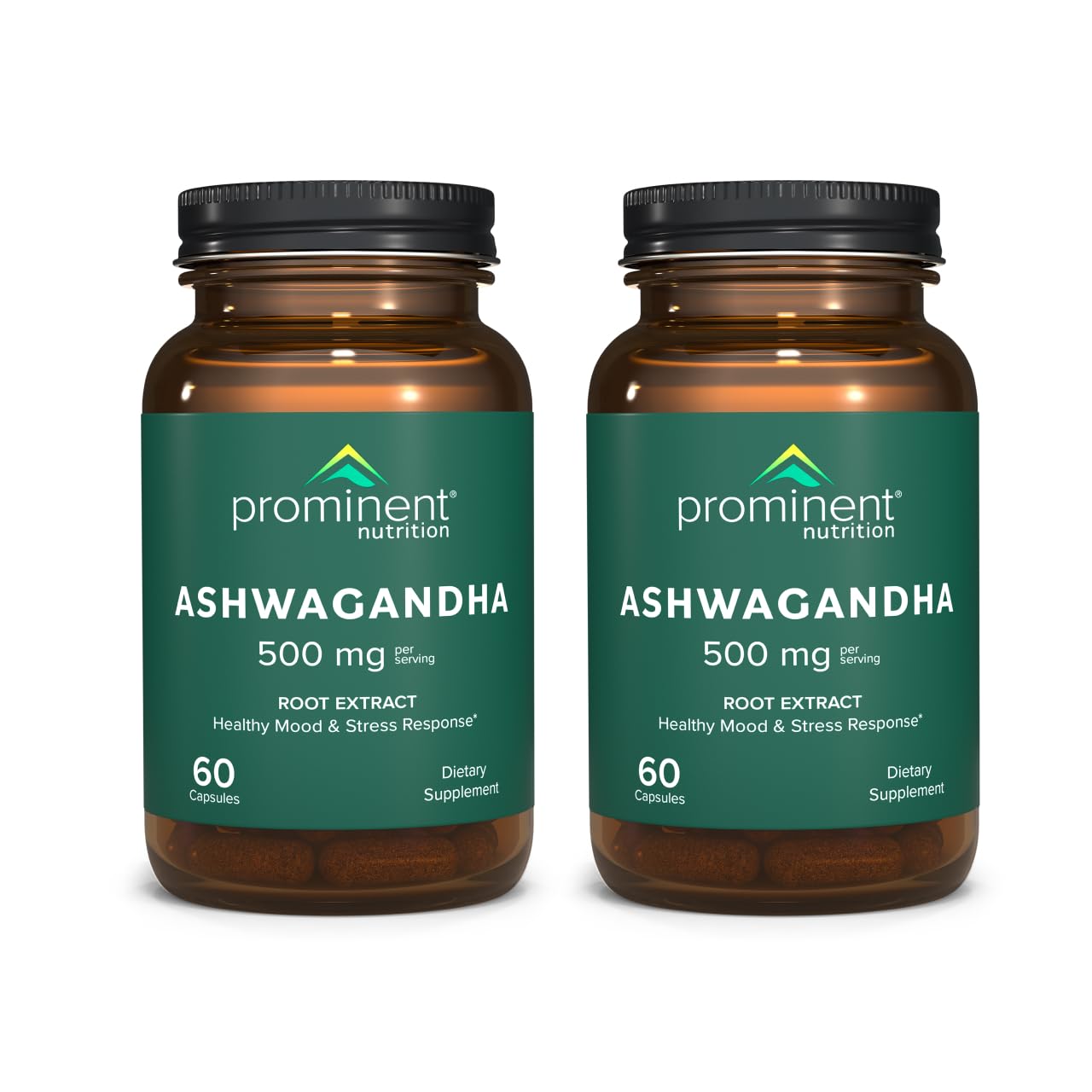 Prominent Nutrition Ashwagandha root bottle with capsules for daily stress support.