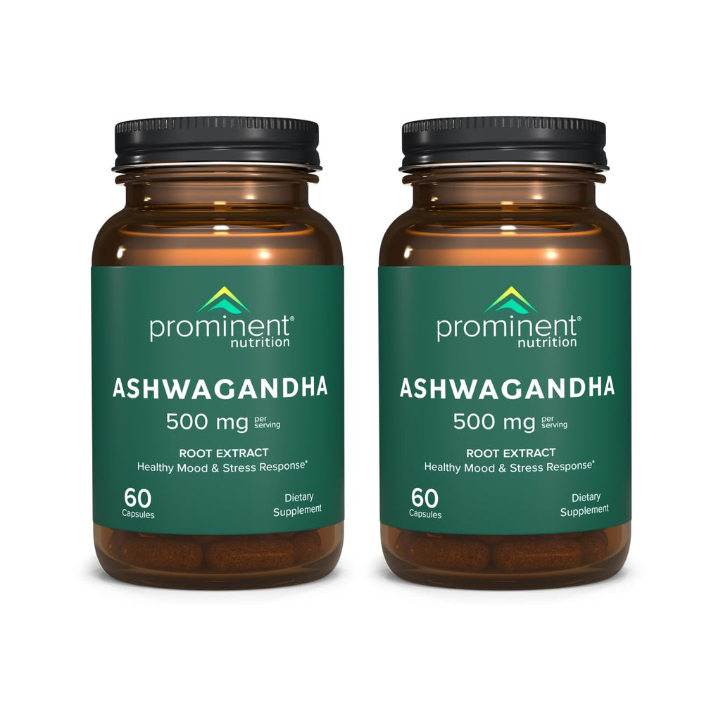 Prominent Nutrition Ashwagandha root bottle with capsules for daily stress support.