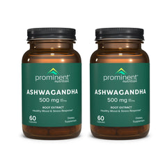Prominent Nutrition Ashwagandha root bottle with capsules for daily stress support.