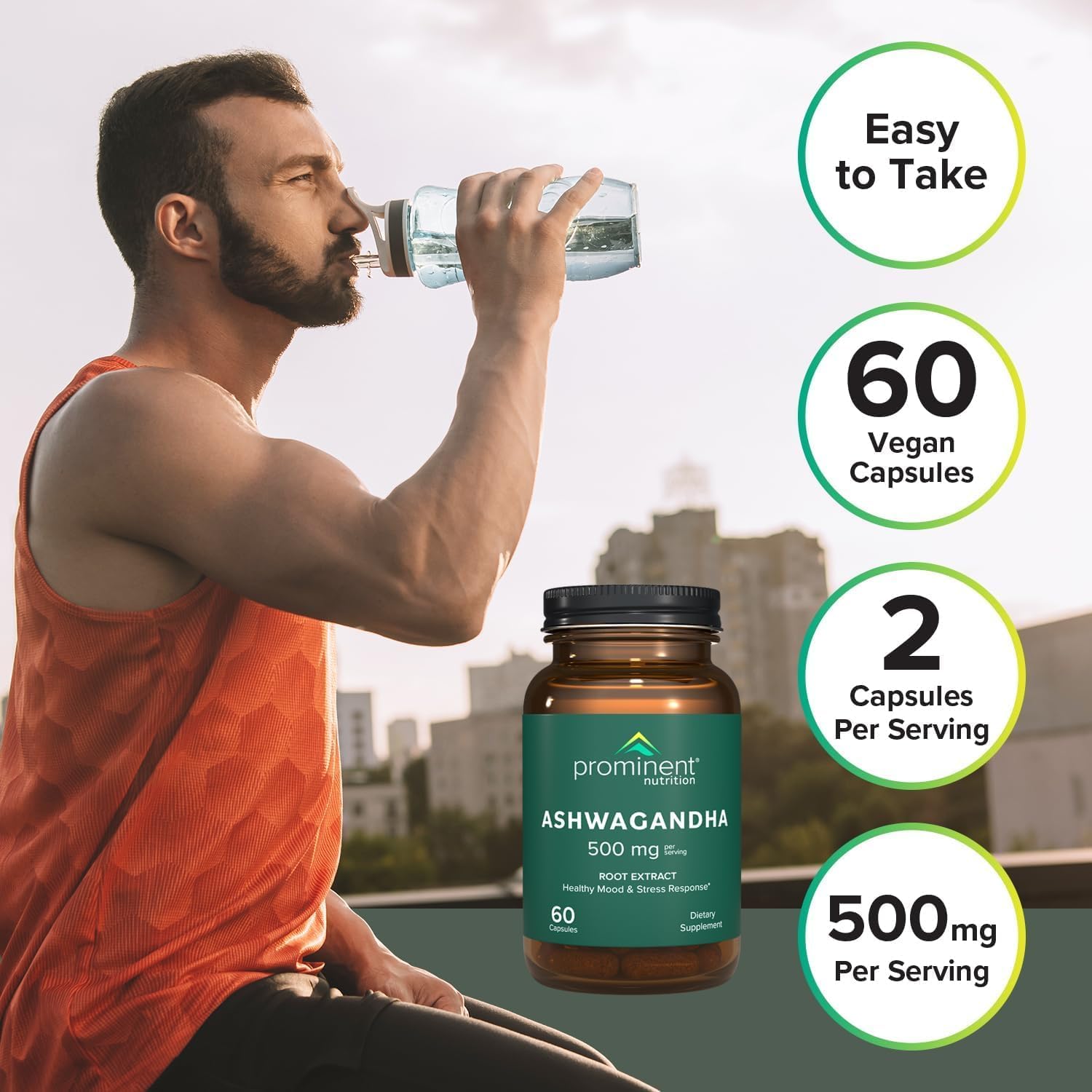 Prominent Nutrition Ashwagandha root extract capsules label highlighting root-only formulation.