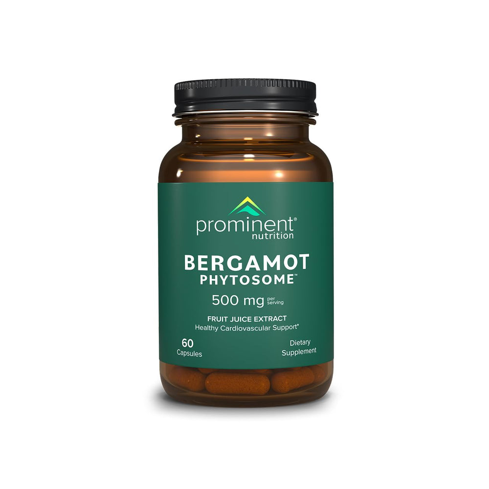 Prominent Nutrition bergamot phytosome capsules show 500 mg dose for potential heart support.