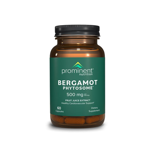 Prominent Nutrition bergamot phytosome capsules show 500 mg dose for potential heart support.