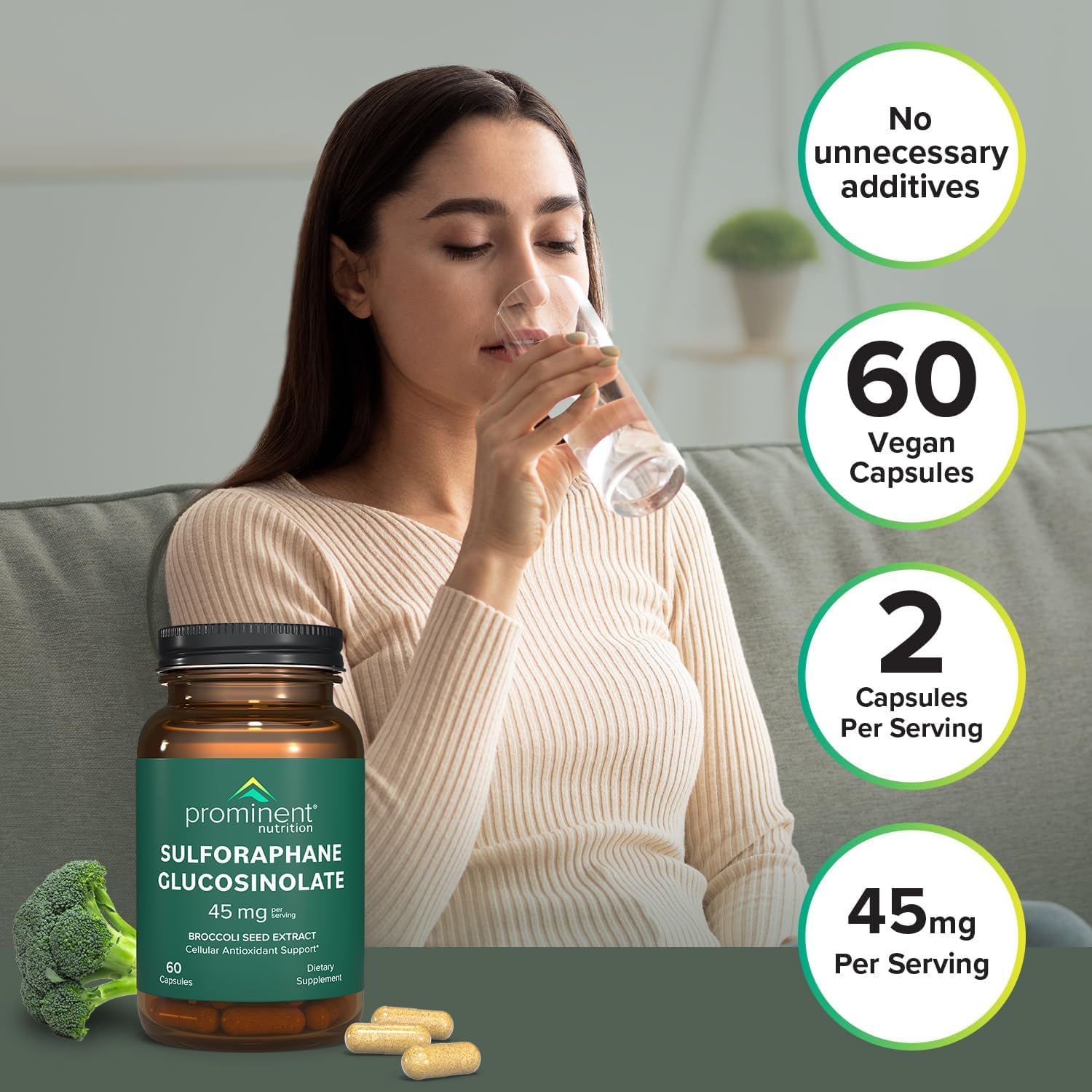 Prominent Nutrition bottle on table ready for daily use.