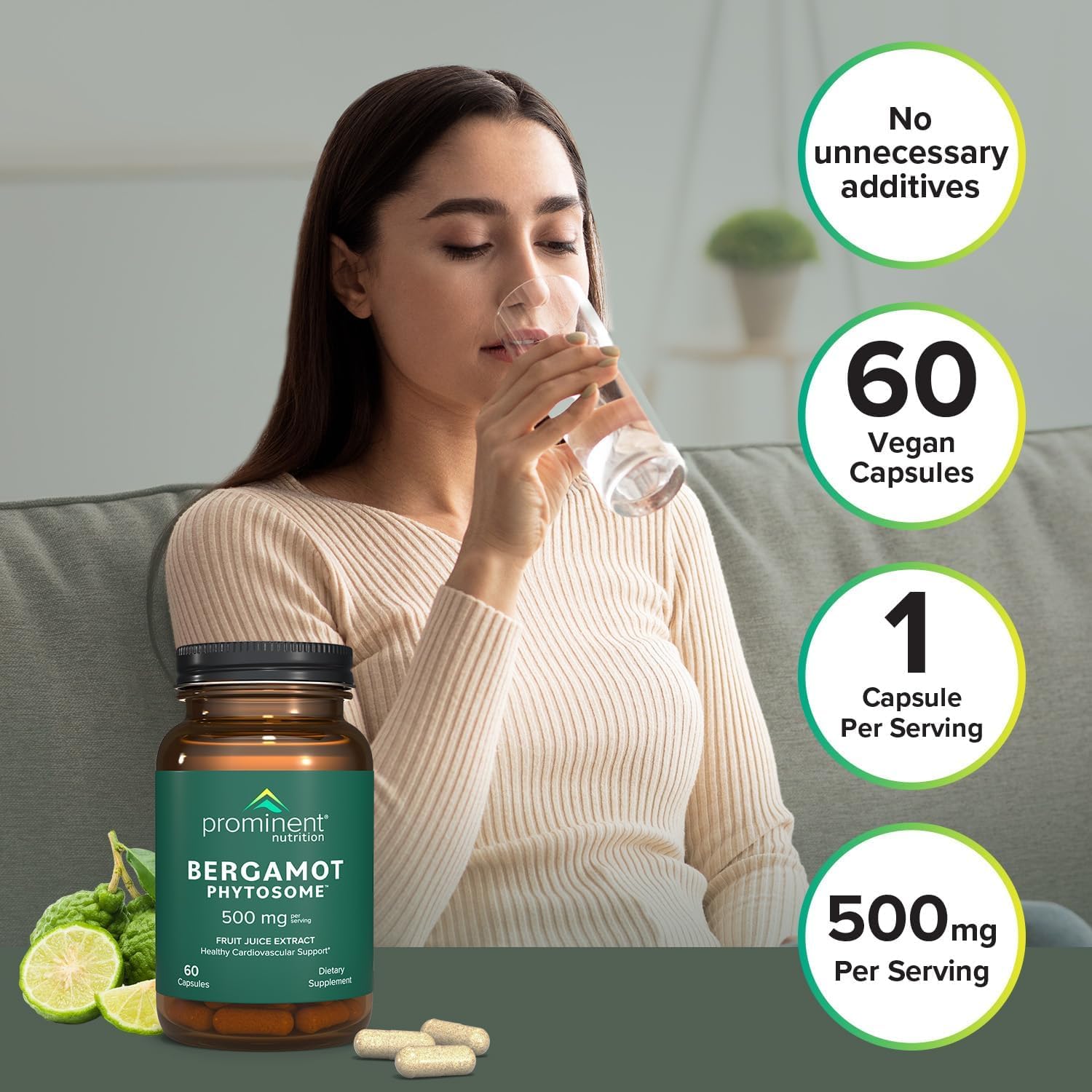 Prominent Nutrition heart health visuals show citrus bergamot in capsule form.