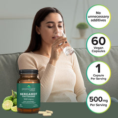 Prominent Nutrition heart health visuals show citrus bergamot in capsule form.