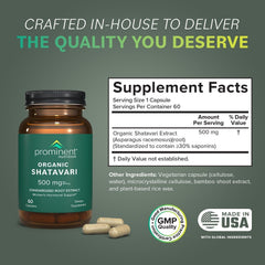 Prominent Nutrition Organic Shatavari Capsules closeup root extract shows standardized 30% saponins