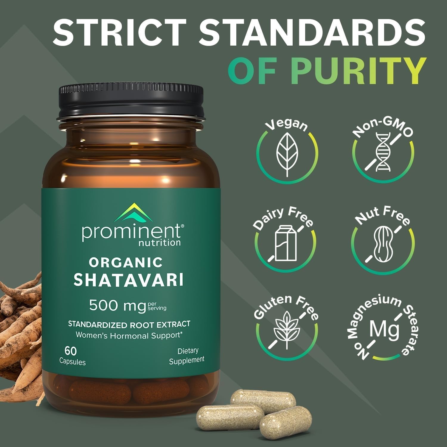 Prominent Nutrition Organic Shatavari Capsules vegan label emphasizes plant based wellness