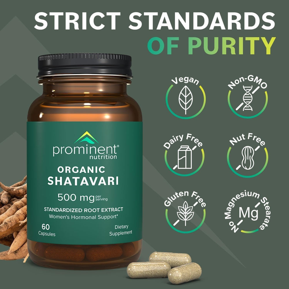 Prominent Nutrition Organic Shatavari Capsules vegan label emphasizes plant based wellness