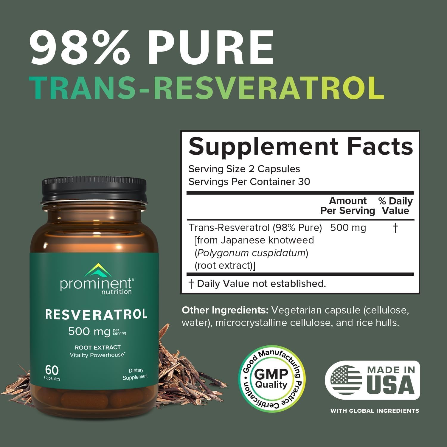 Prominent Nutrition Resveratrol capsules ready for daily use, two per serving